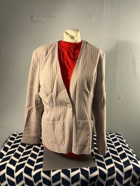 Neutral Pinstripe Single-Button Blazer with pants set